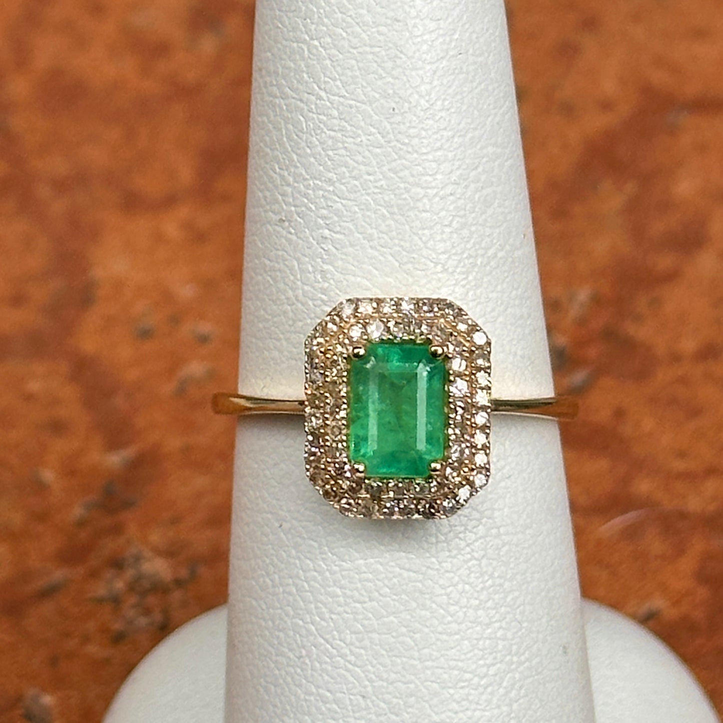 Estate 14KT Yellow Gold Emerald-Cut Emerald + Round Diamond Double Halo Ring