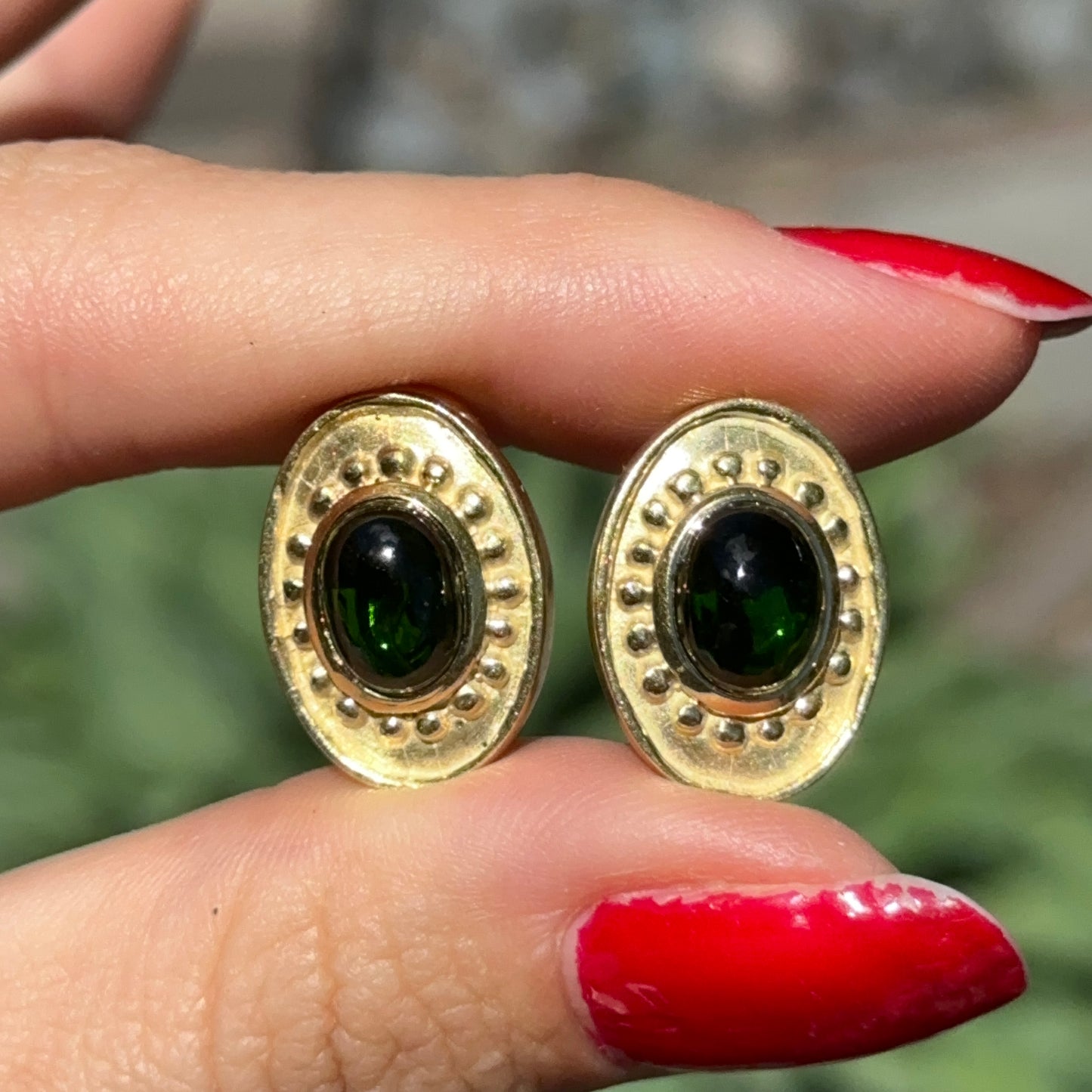 Estate 18KT Yellow Gold Cabochon Green Tourmaline Byzantine Oval Earrings