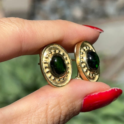 Estate 18KT Yellow Gold Cabochon Green Tourmaline Byzantine Oval Earrings