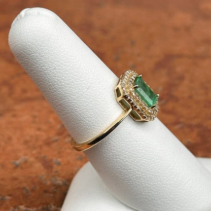 Estate 14KT Yellow Gold Emerald-Cut Emerald + Round Diamond Double Halo Ring