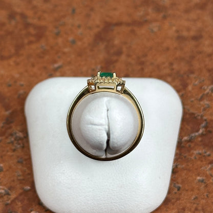 Estate 14KT Yellow Gold Emerald-Cut Emerald + Round Diamond Double Halo Ring