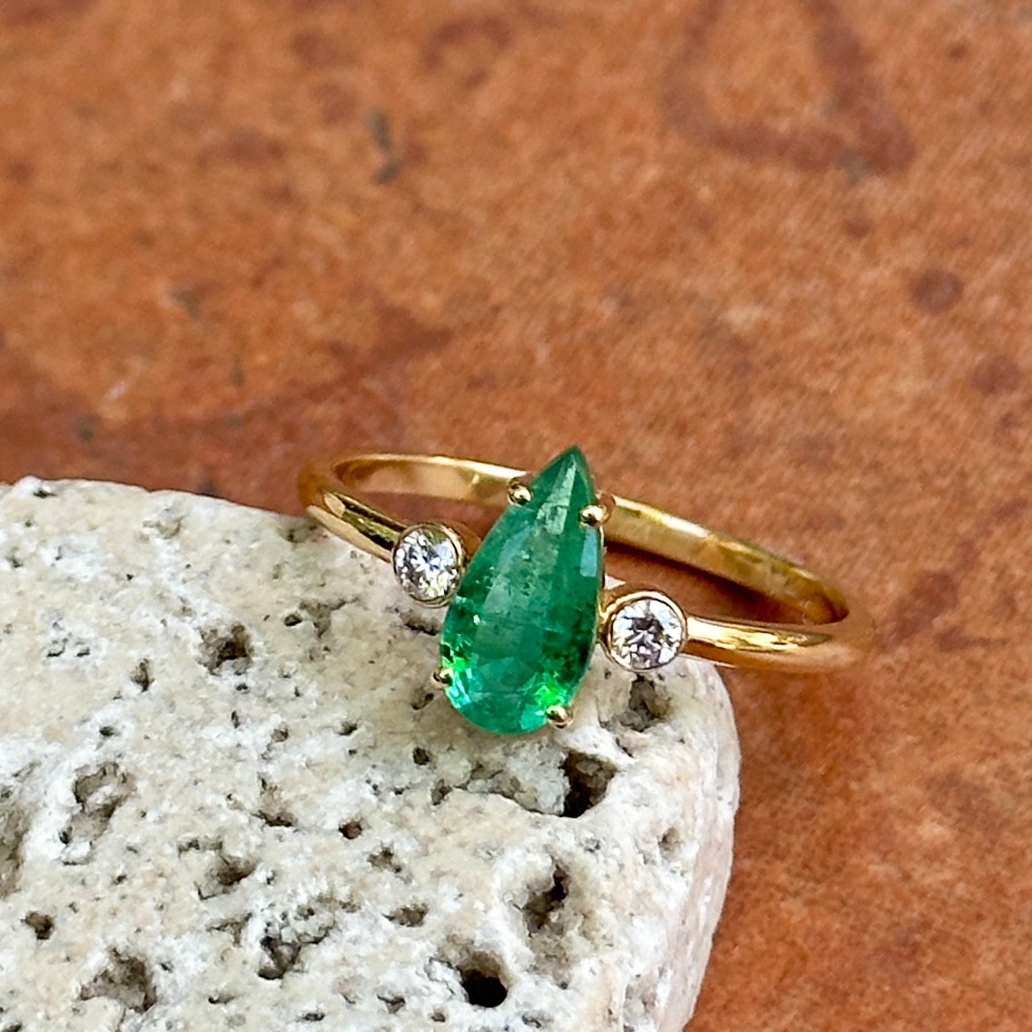 Estate 18KT Yellow Gold Elongated Pear Emerald + Diamond Ring