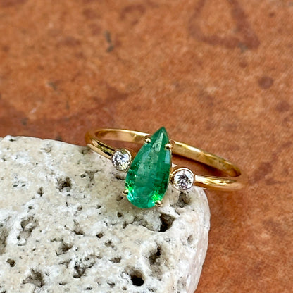 Estate 18KT Yellow Gold Elongated Pear Emerald + Diamond Ring