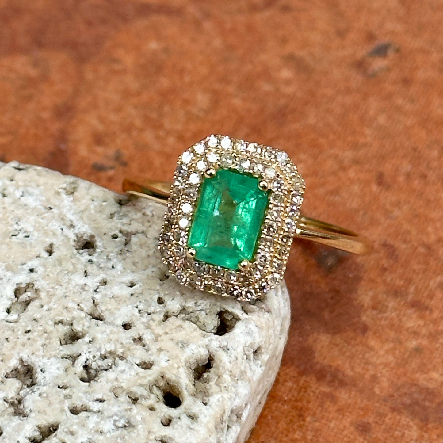Estate 14KT Yellow Gold Emerald-Cut Emerald + Round Diamond Double Halo Ring