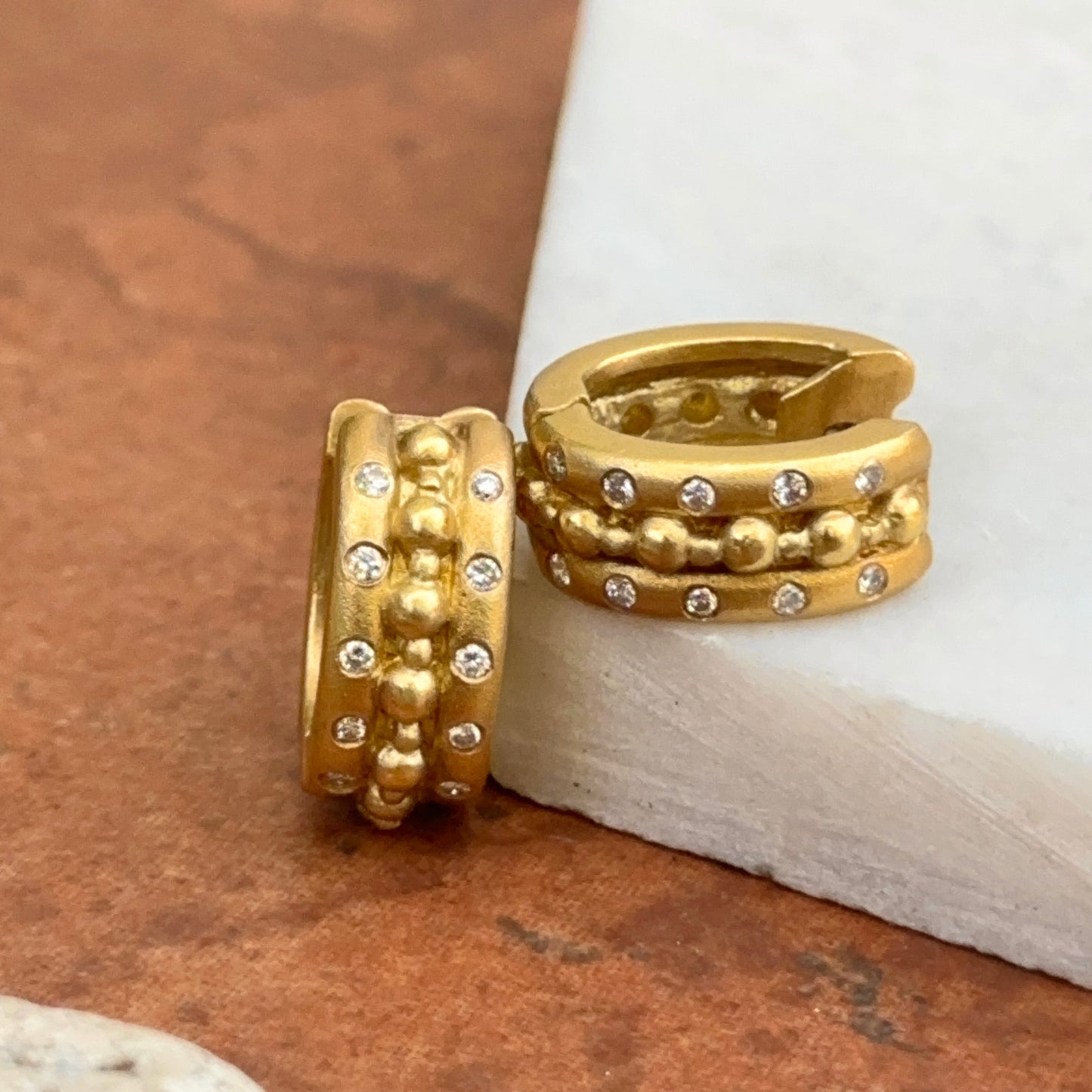 Estate 18KT Yellow Gold Byzantine Matte & Burnished Diamond Huggie Earrings