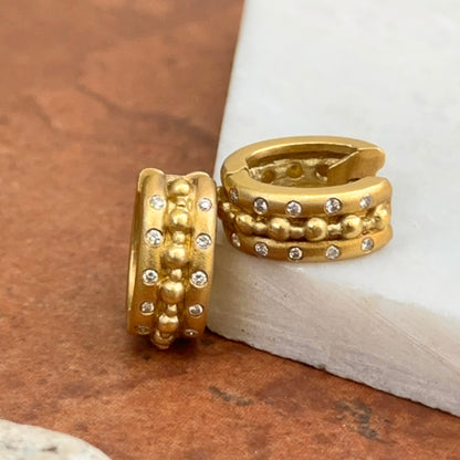 Estate 18KT Yellow Gold Byzantine Matte & Burnished Diamond Huggie Earrings