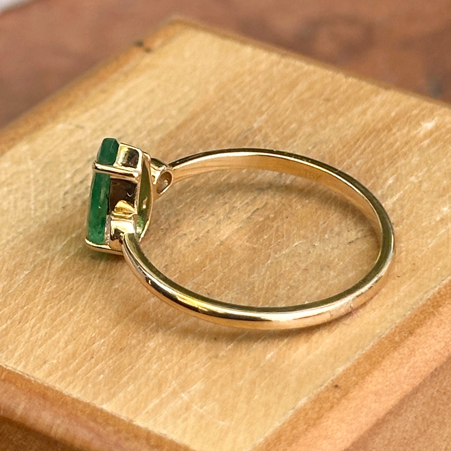 Estate 18KT Yellow Gold Elongated Pear Emerald + Diamond Ring