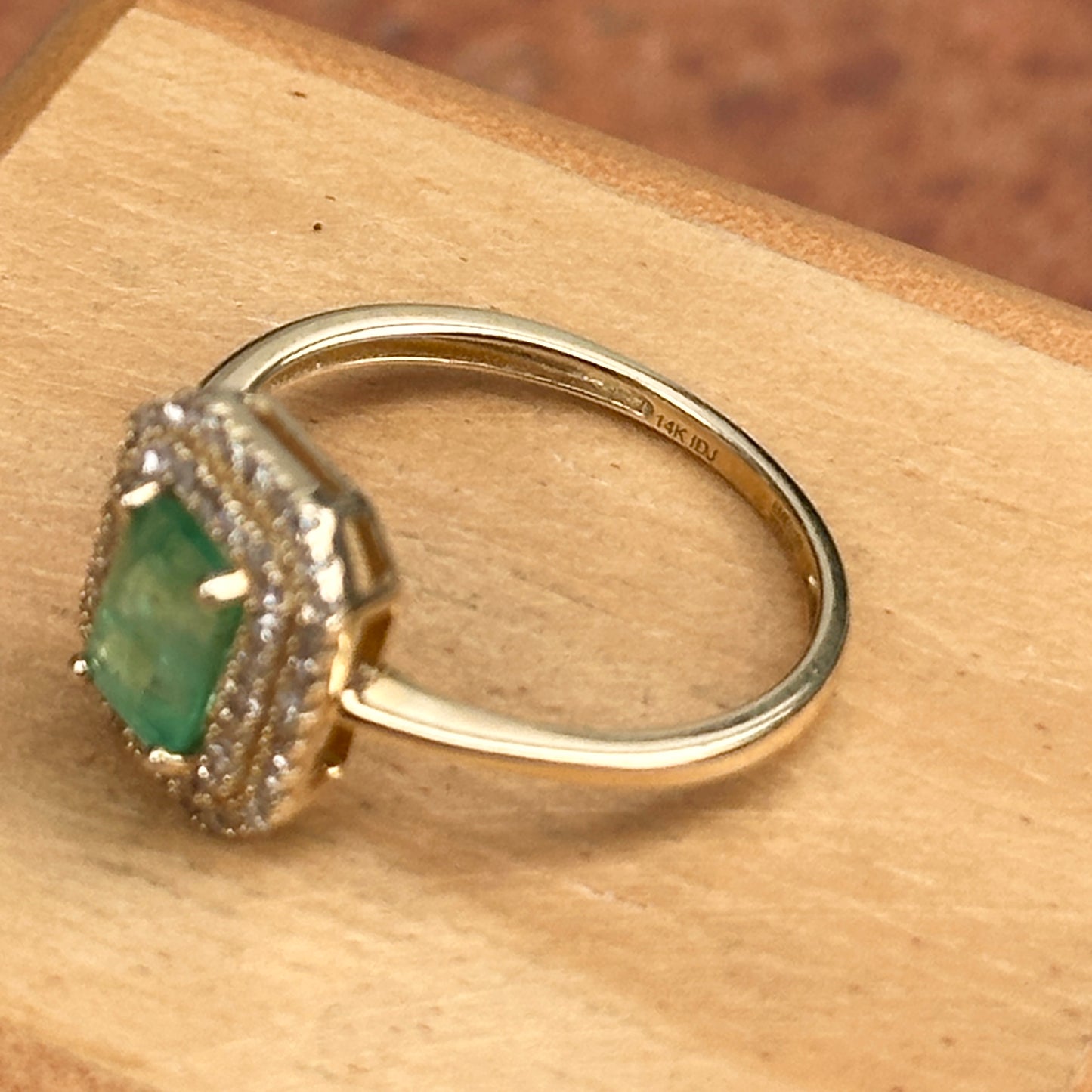 Estate 14KT Yellow Gold Emerald-Cut Emerald + Round Diamond Double Halo Ring