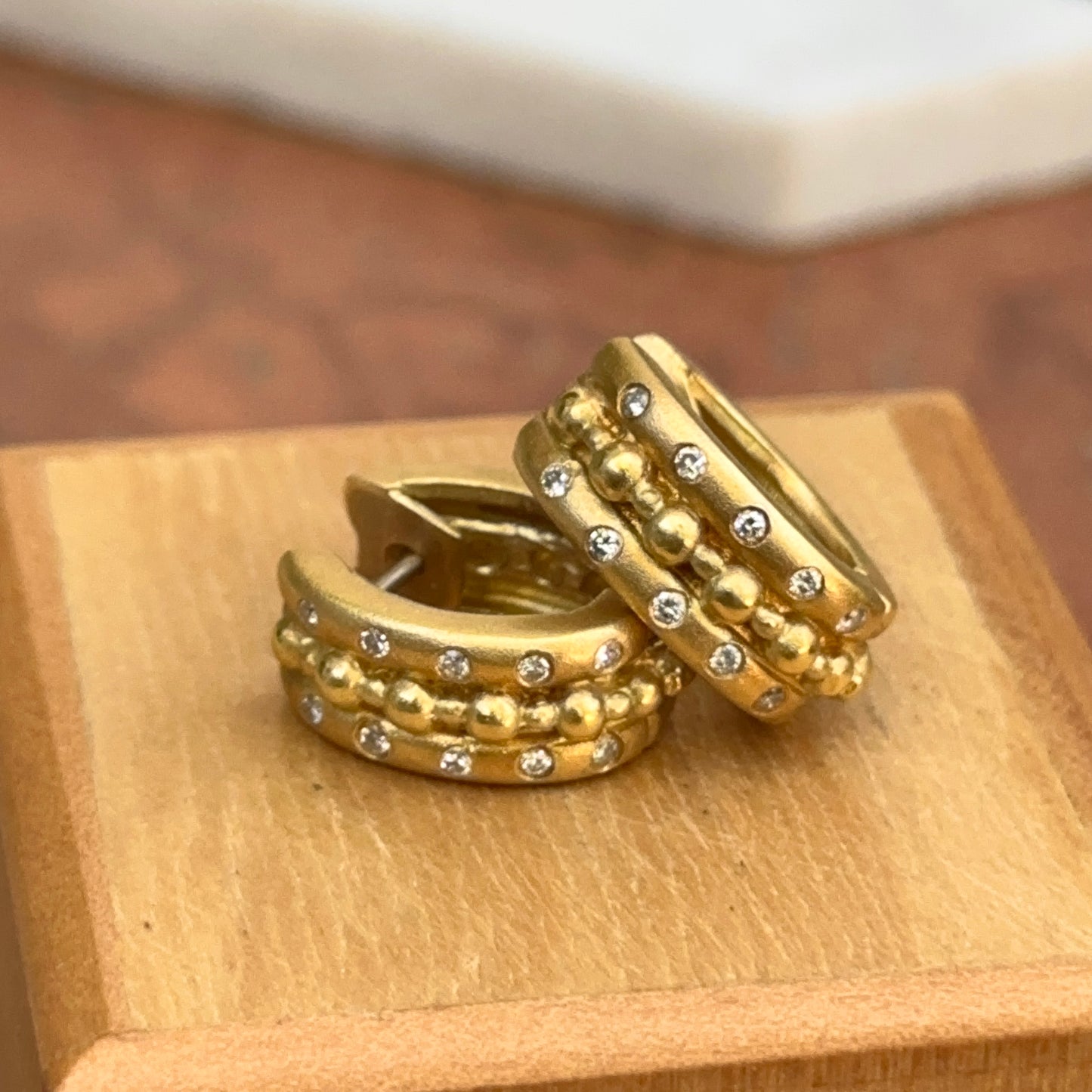 Estate 18KT Yellow Gold Byzantine Matte & Burnished Diamond Huggie Earrings