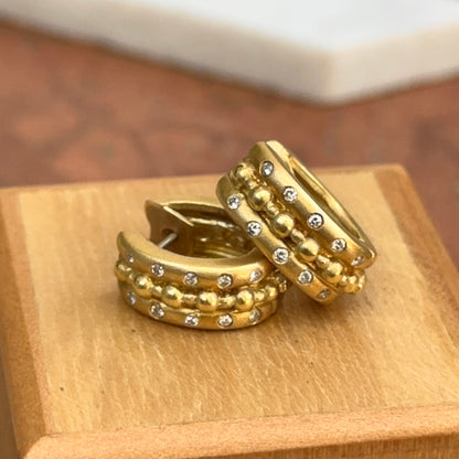 Estate 18KT Yellow Gold Byzantine Matte & Burnished Diamond Huggie Earrings