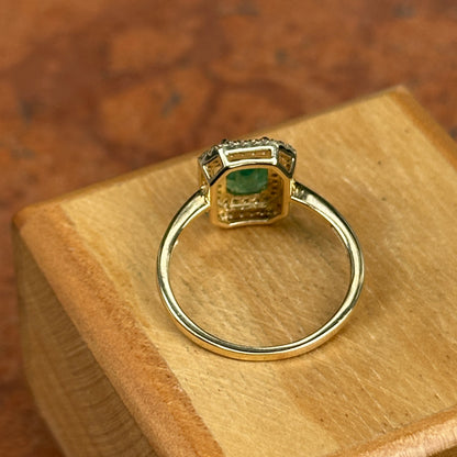 Estate 14KT Yellow Gold Emerald-Cut Emerald + Round Diamond Double Halo Ring