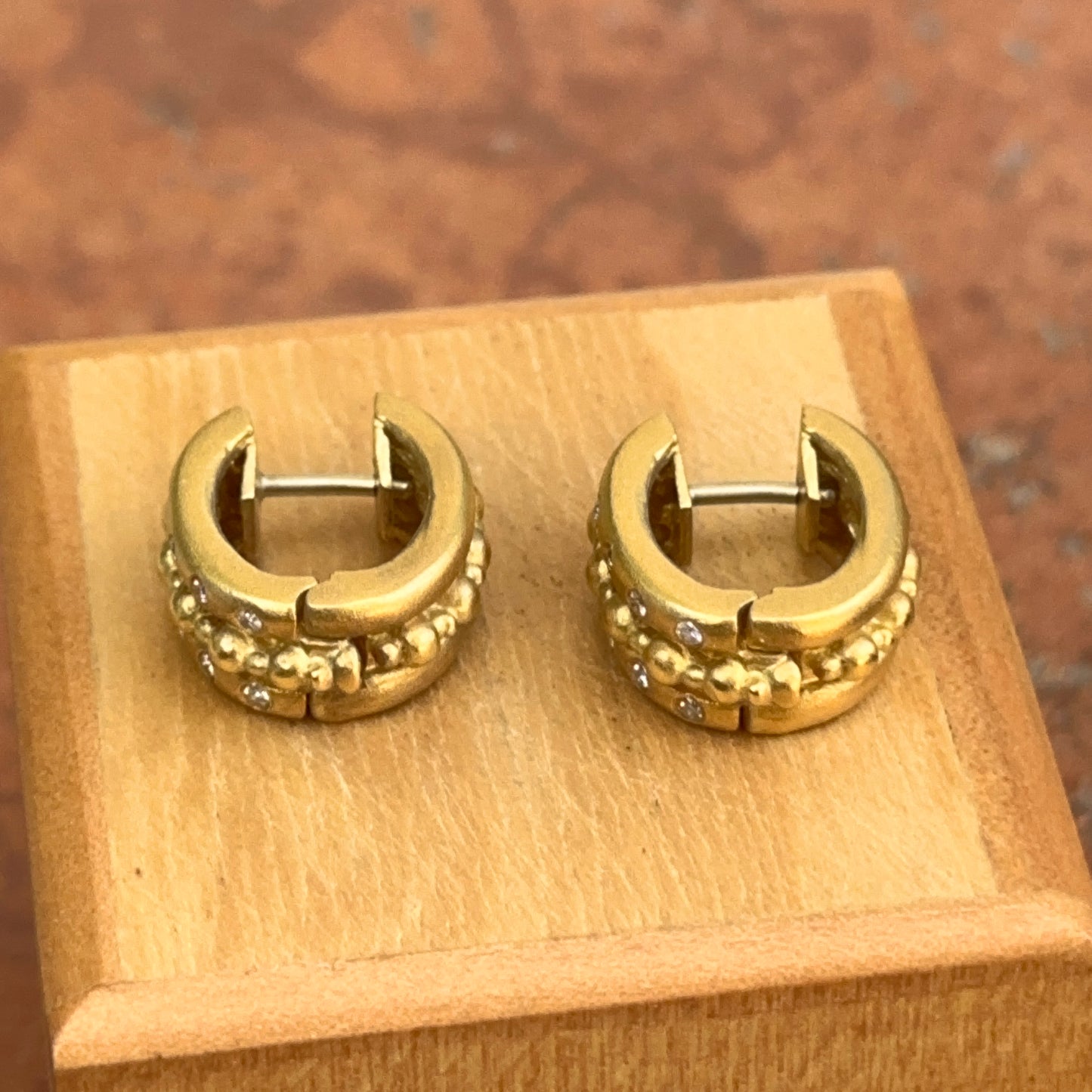 Estate 18KT Yellow Gold Byzantine Matte & Burnished Diamond Huggie Earrings