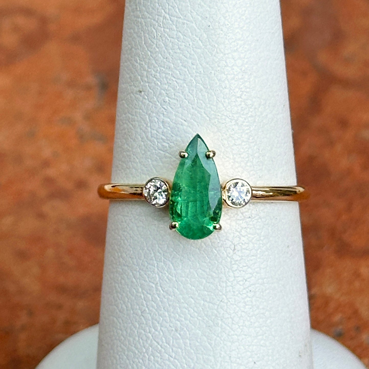 Estate 18KT Yellow Gold Elongated Pear Emerald + Diamond Ring