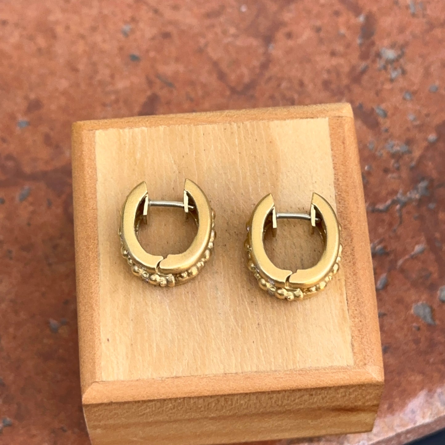Estate 18KT Yellow Gold Byzantine Matte & Burnished Diamond Huggie Earrings