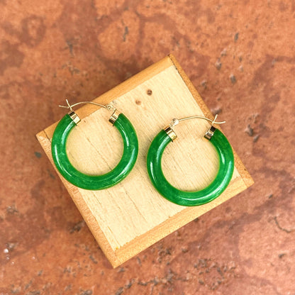 Estate 14KT Yellow Gold Dark Green Jade Tube Hoop Earrings