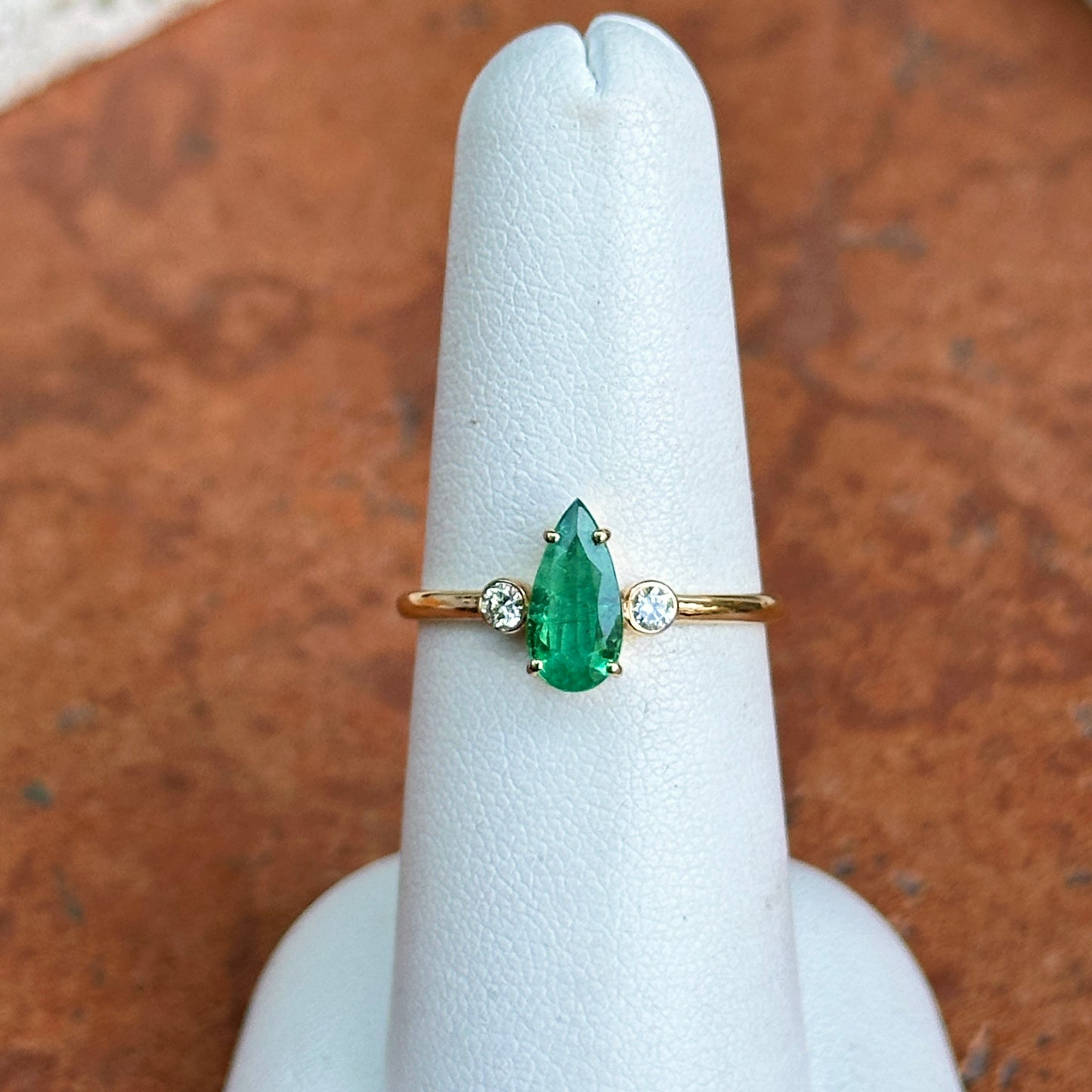 Estate 18KT Yellow Gold Elongated Pear Emerald + Diamond Ring