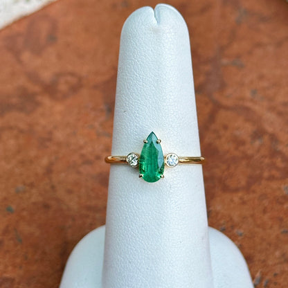 Estate 18KT Yellow Gold Elongated Pear Emerald + Diamond Ring