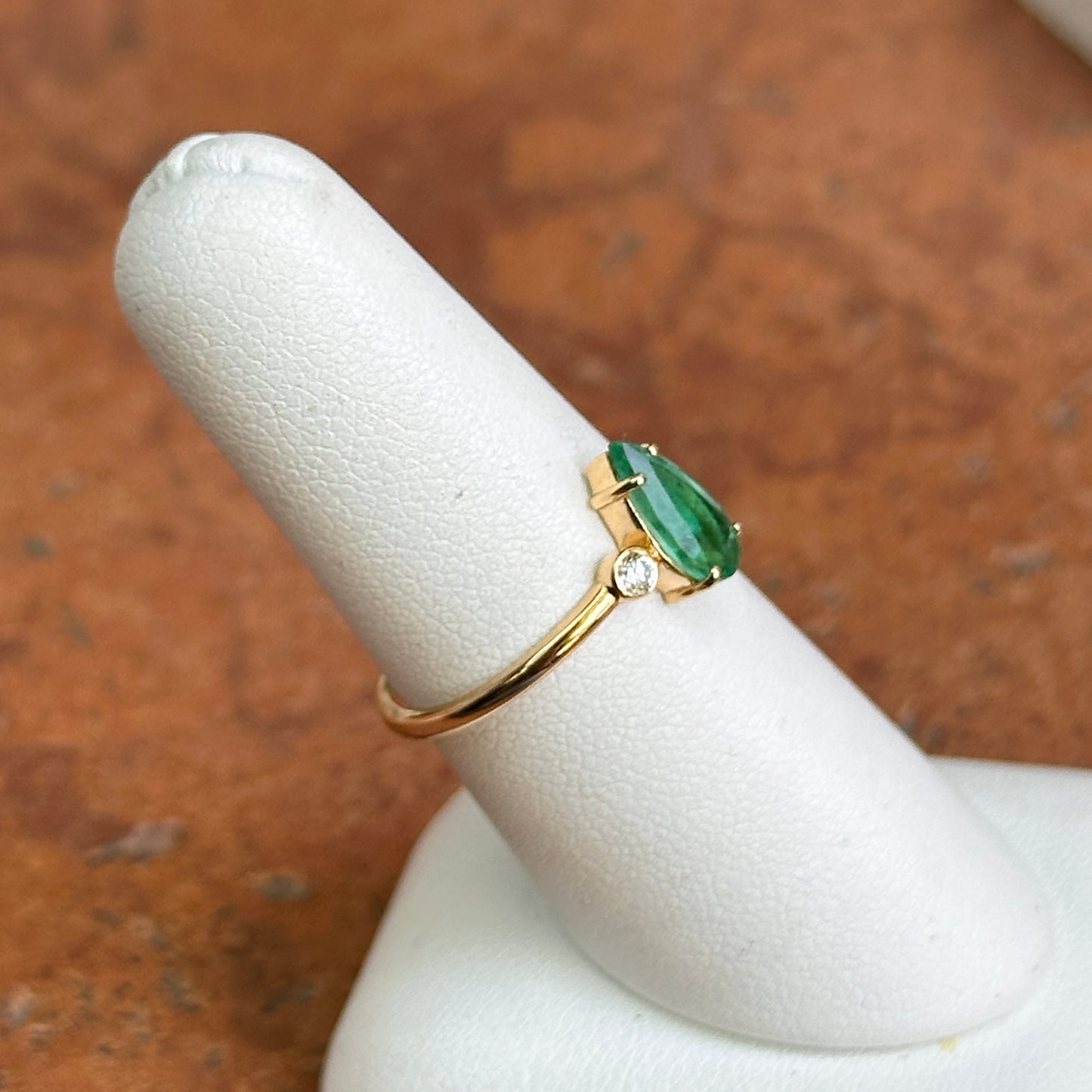 Estate 18KT Yellow Gold Elongated Pear Emerald + Diamond Ring