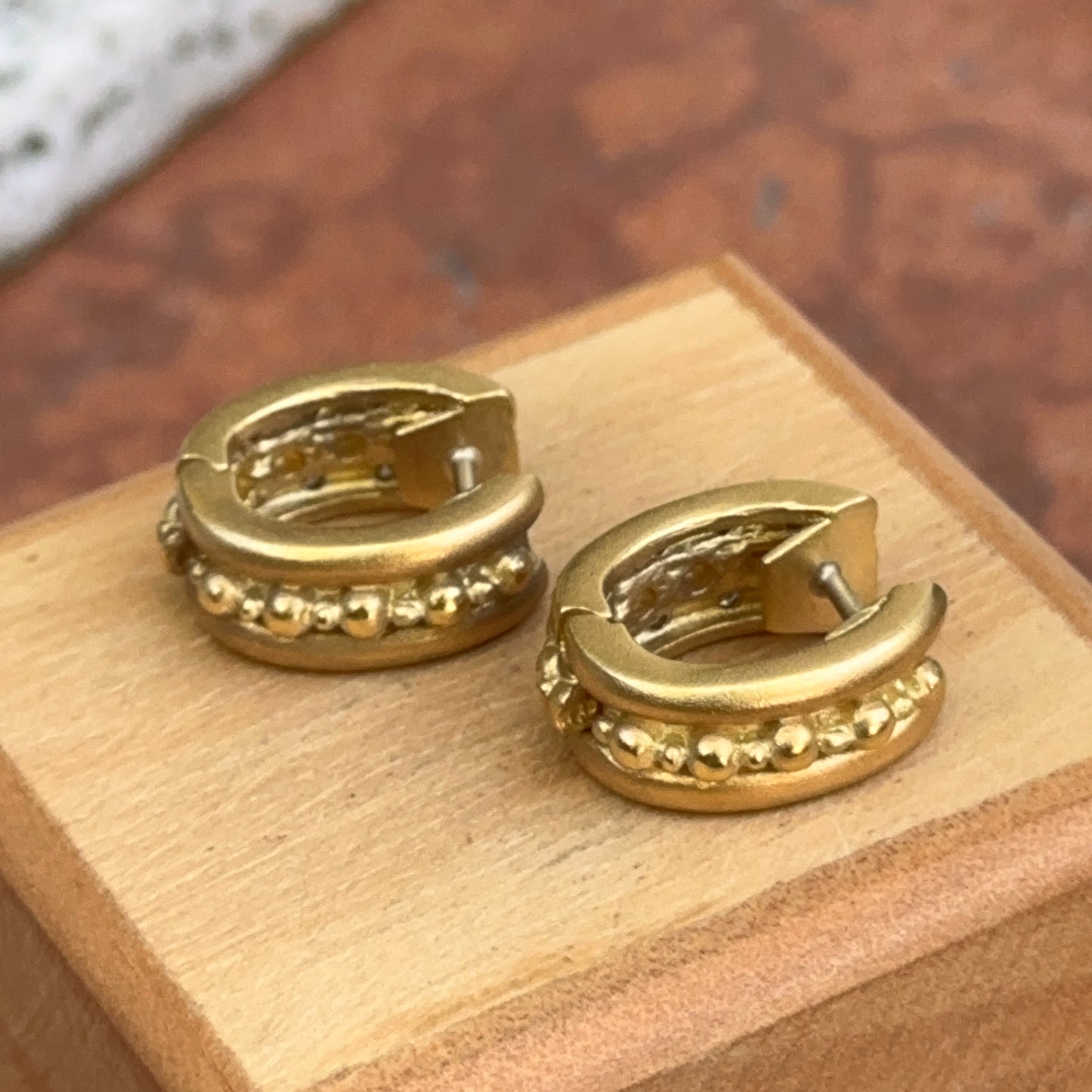 Estate 18KT Yellow Gold Byzantine Matte & Burnished Diamond Huggie Earrings