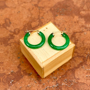 Estate 14KT Yellow Gold Dark Green Jade Tube Hoop Earrings
