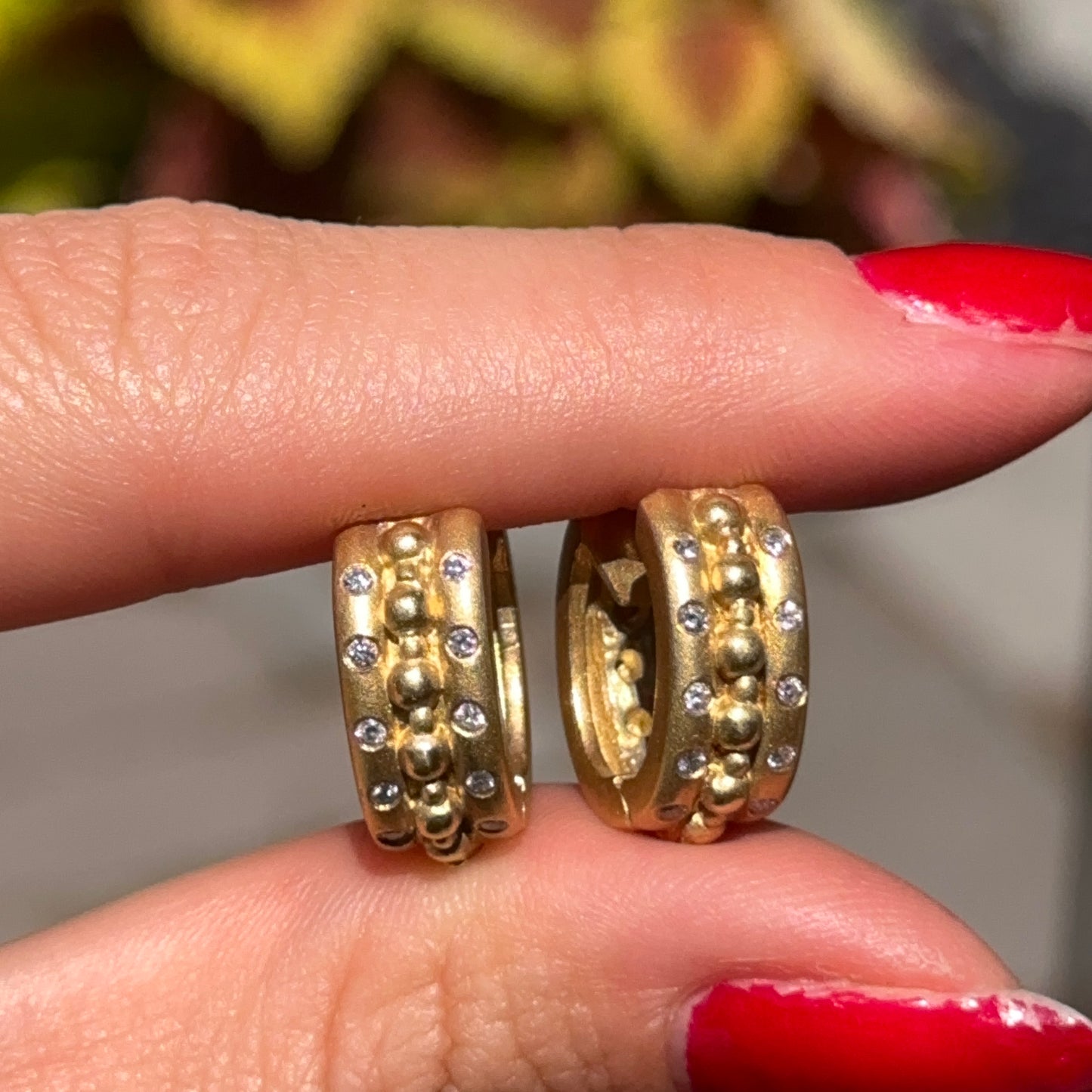 Estate 18KT Yellow Gold Byzantine Matte & Burnished Diamond Huggie Earrings