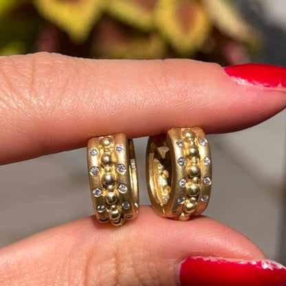 Estate 18KT Yellow Gold Byzantine Matte & Burnished Diamond Huggie Earrings