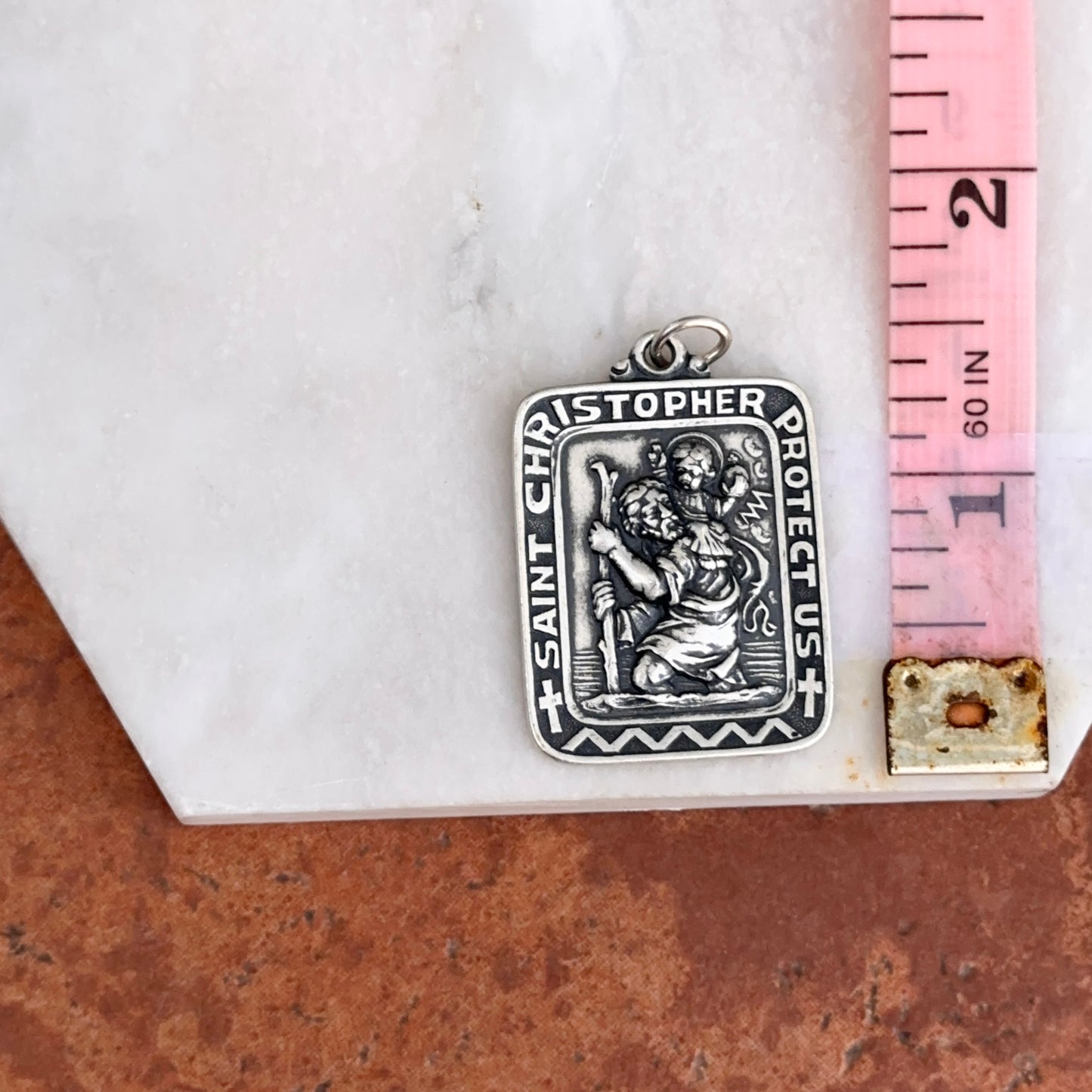 Sterling Silver Antiqued St.Christopher Rectangle Medal Charm Pendant 31mm
