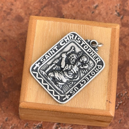 Sterling Silver Antiqued St.Christopher Rectangle Medal Charm Pendant 31mm