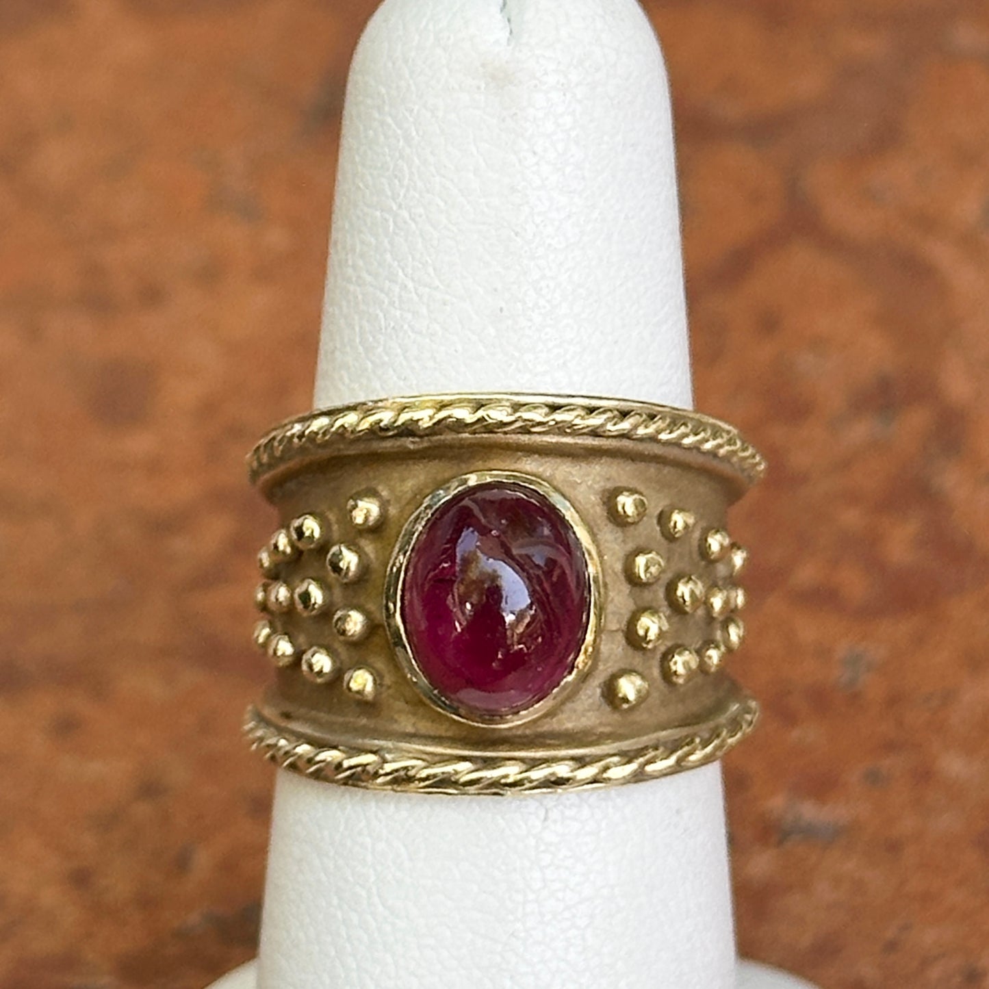 Estate 14KT Yellow Gold Cabochon Spinel Byzantine Band Ring
