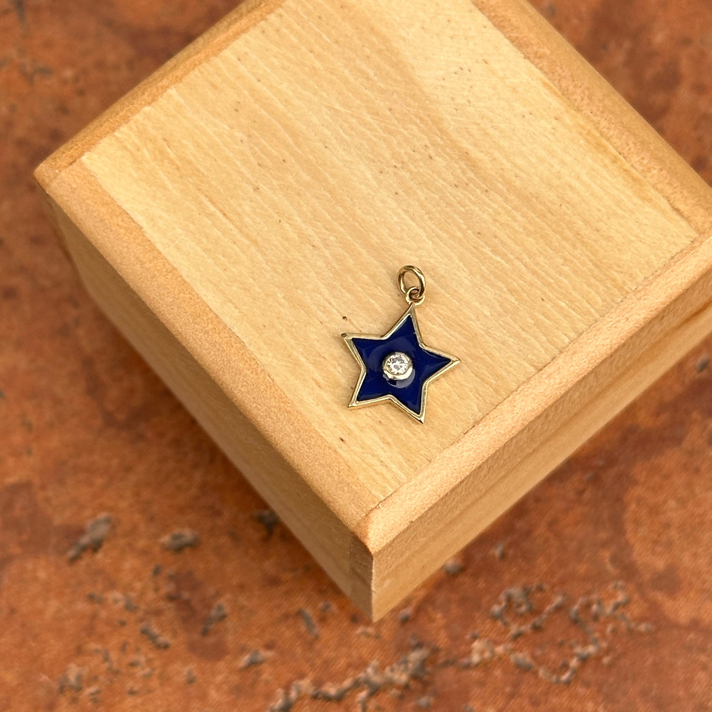 14KT Yellow Gold Dark Blue Enamel Diamond Star Pendant Charm