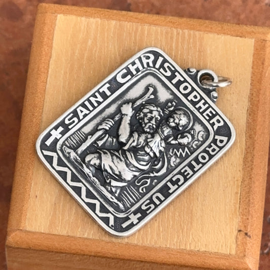 Sterling Silver Antiqued St.Christopher Rectangle Medal Charm Pendant 31mm