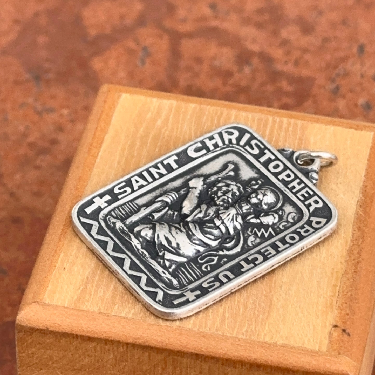 Sterling Silver Antiqued St.Christopher Rectangle Medal Charm Pendant 31mm