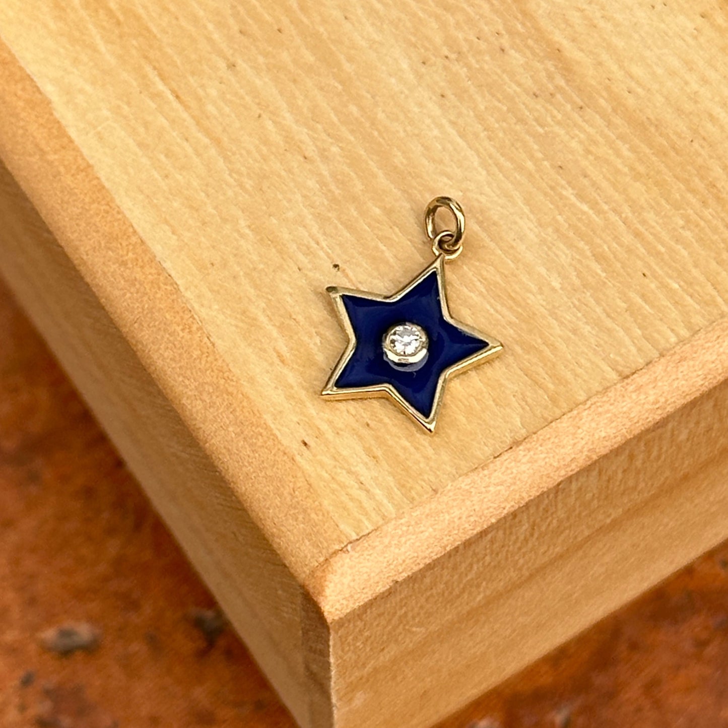 14KT Yellow Gold Dark Blue Enamel Diamond Star Pendant Charm