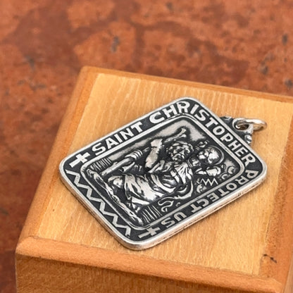 Sterling Silver Antiqued St.Christopher Rectangle Medal Charm Pendant 31mm