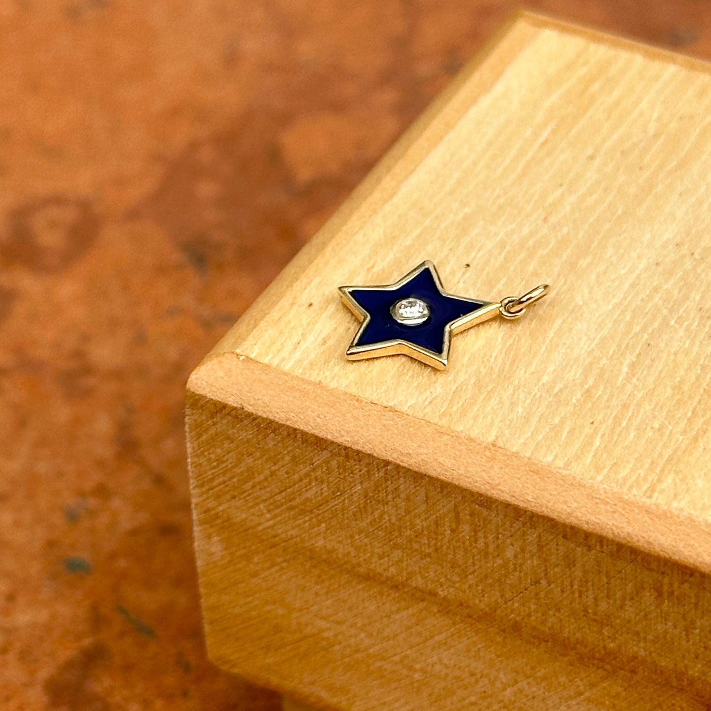 14KT Yellow Gold Dark Blue Enamel Diamond Star Pendant Charm