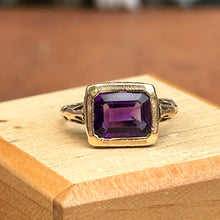Load image into Gallery viewer, Estate 14KT Yellow Gold Bezel Emerald-Cut Amethyst Filigree Ring
