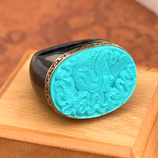 Estate 14KT Yellow Gold Black Marble + Carved Turquoise Dome Band Ring