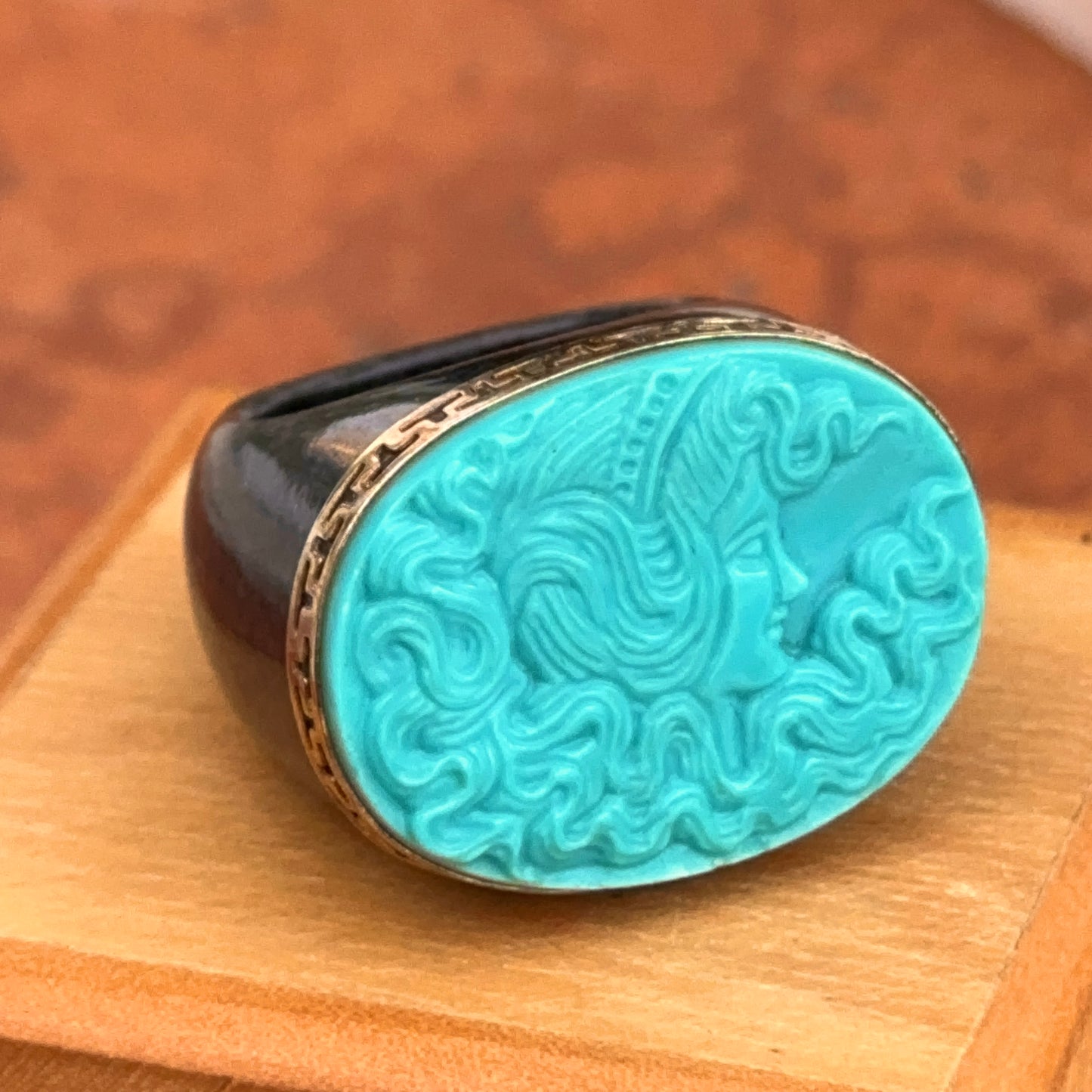 Estate 14KT Yellow Gold Black Marble + Carved Turquoise Dome Band Ring