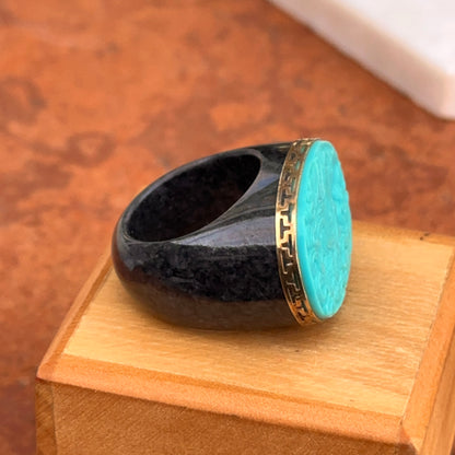 Estate 14KT Yellow Gold Black Marble + Carved Turquoise Dome Band Ring