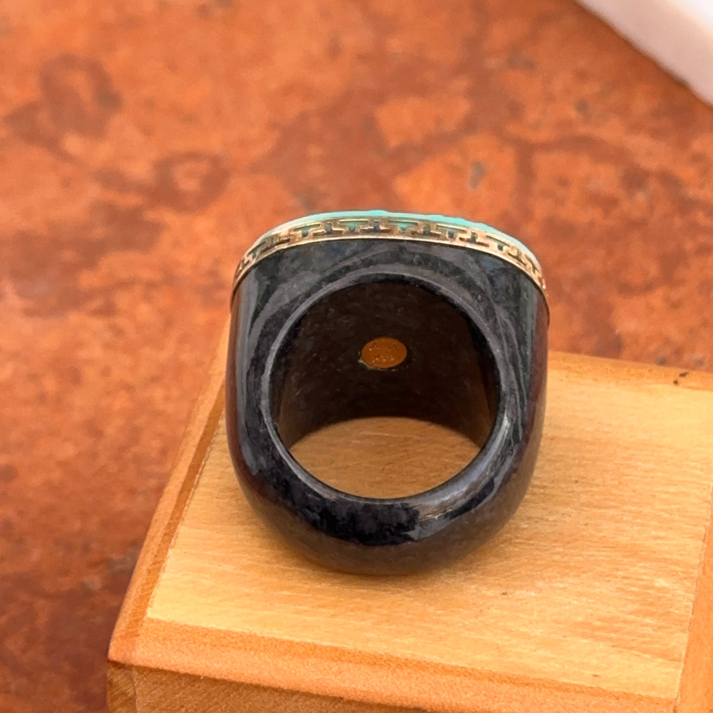 Estate 14KT Yellow Gold Black Marble + Carved Turquoise Dome Band Ring