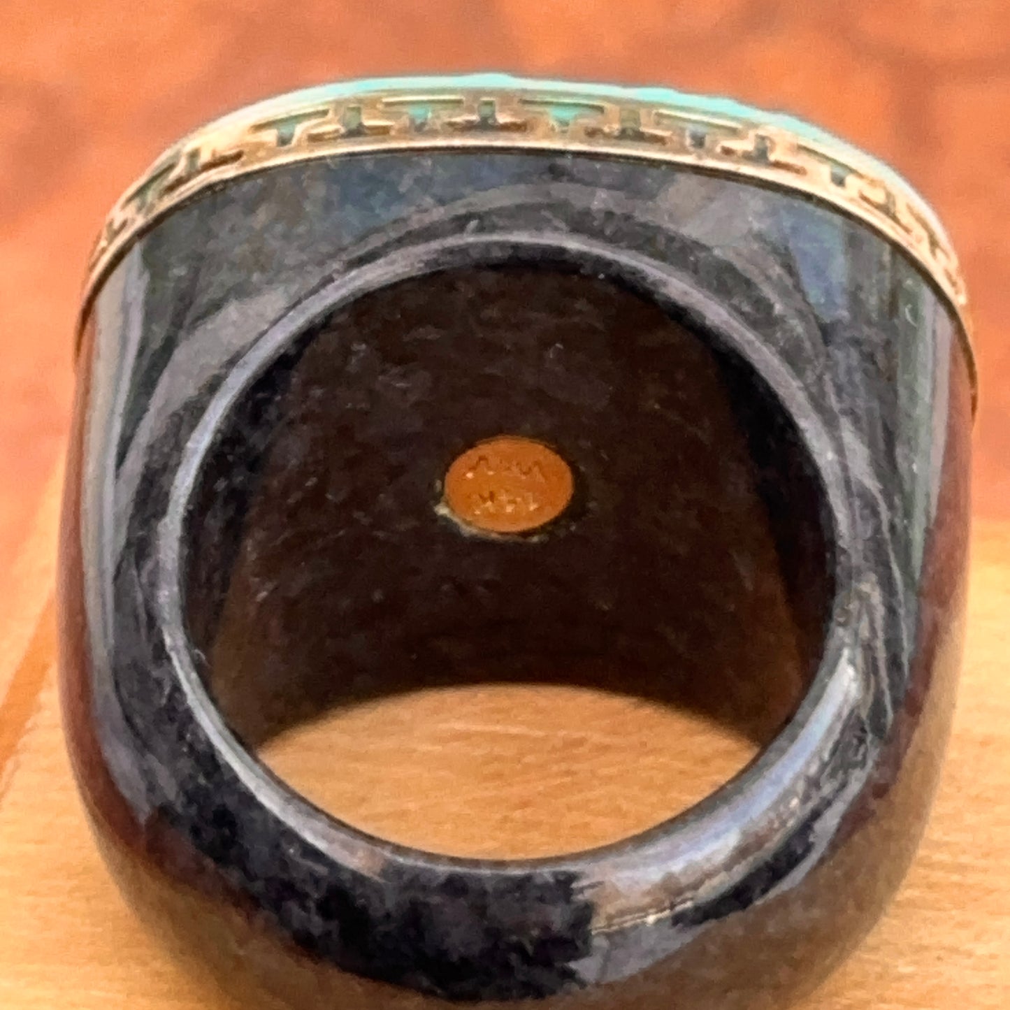 Estate 14KT Yellow Gold Black Marble + Carved Turquoise Dome Band Ring