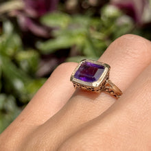 Load image into Gallery viewer, Estate 14KT Yellow Gold Bezel Emerald-Cut Amethyst Filigree Ring