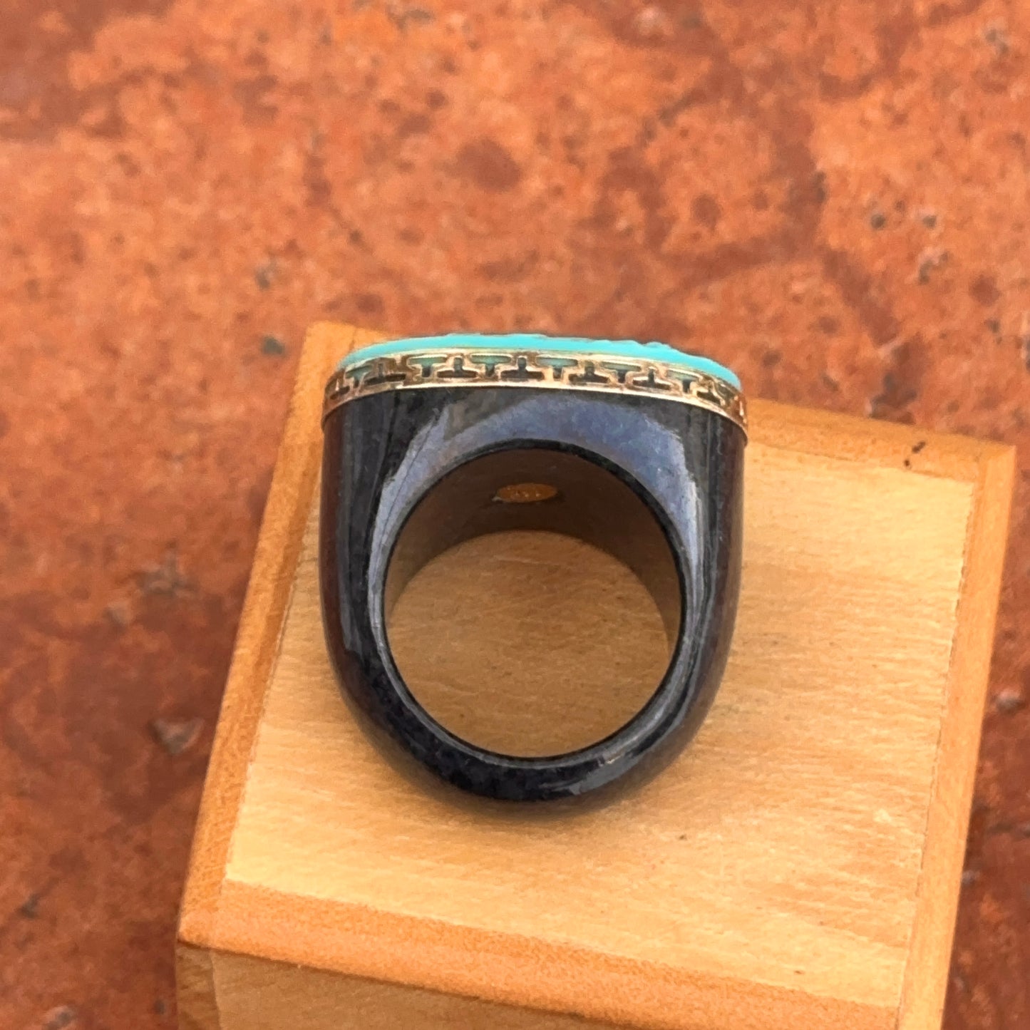 Estate 14KT Yellow Gold Black Marble + Carved Turquoise Dome Band Ring