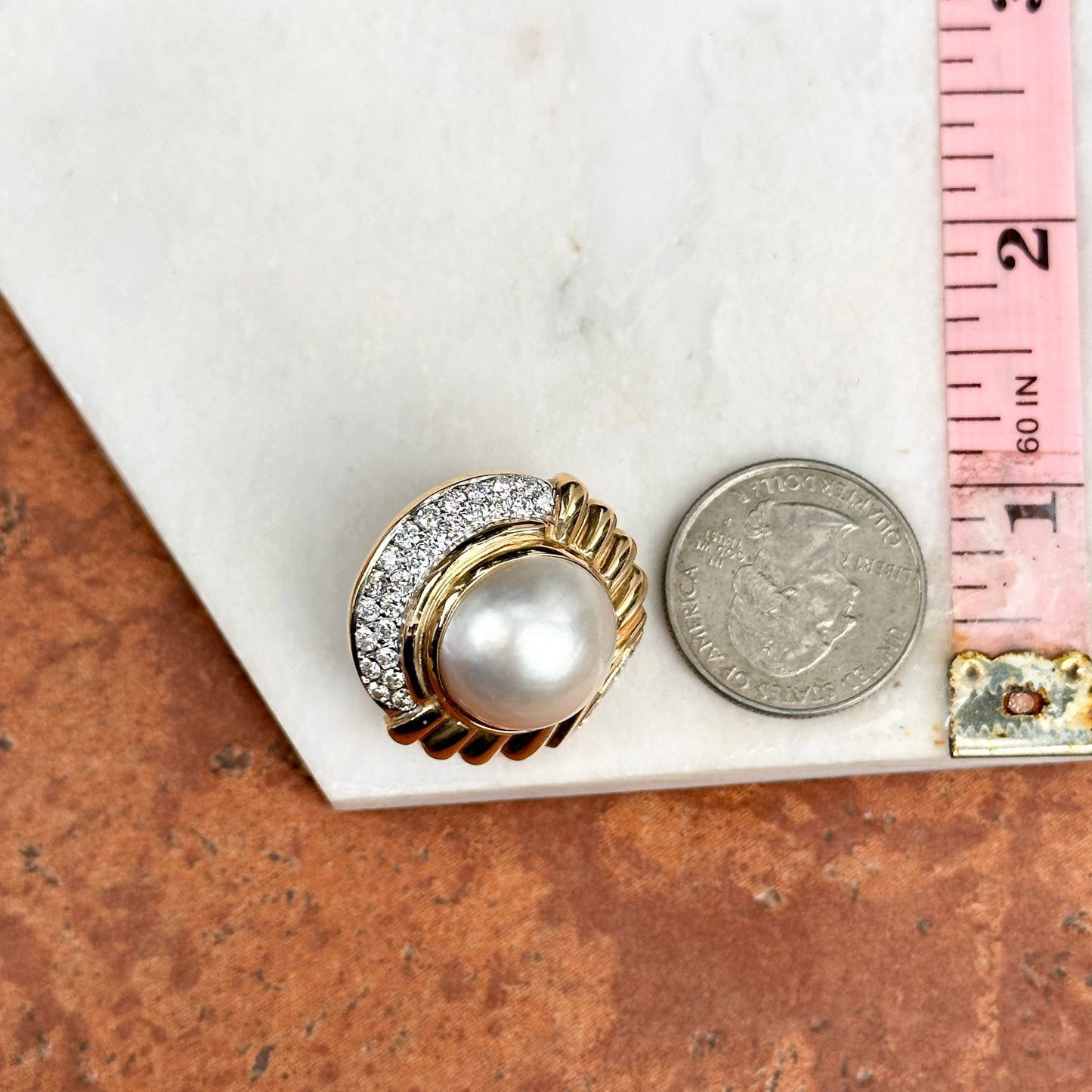 Estate 14KT Yellow Round Mabe Pearl + Pave Diamond Earrings