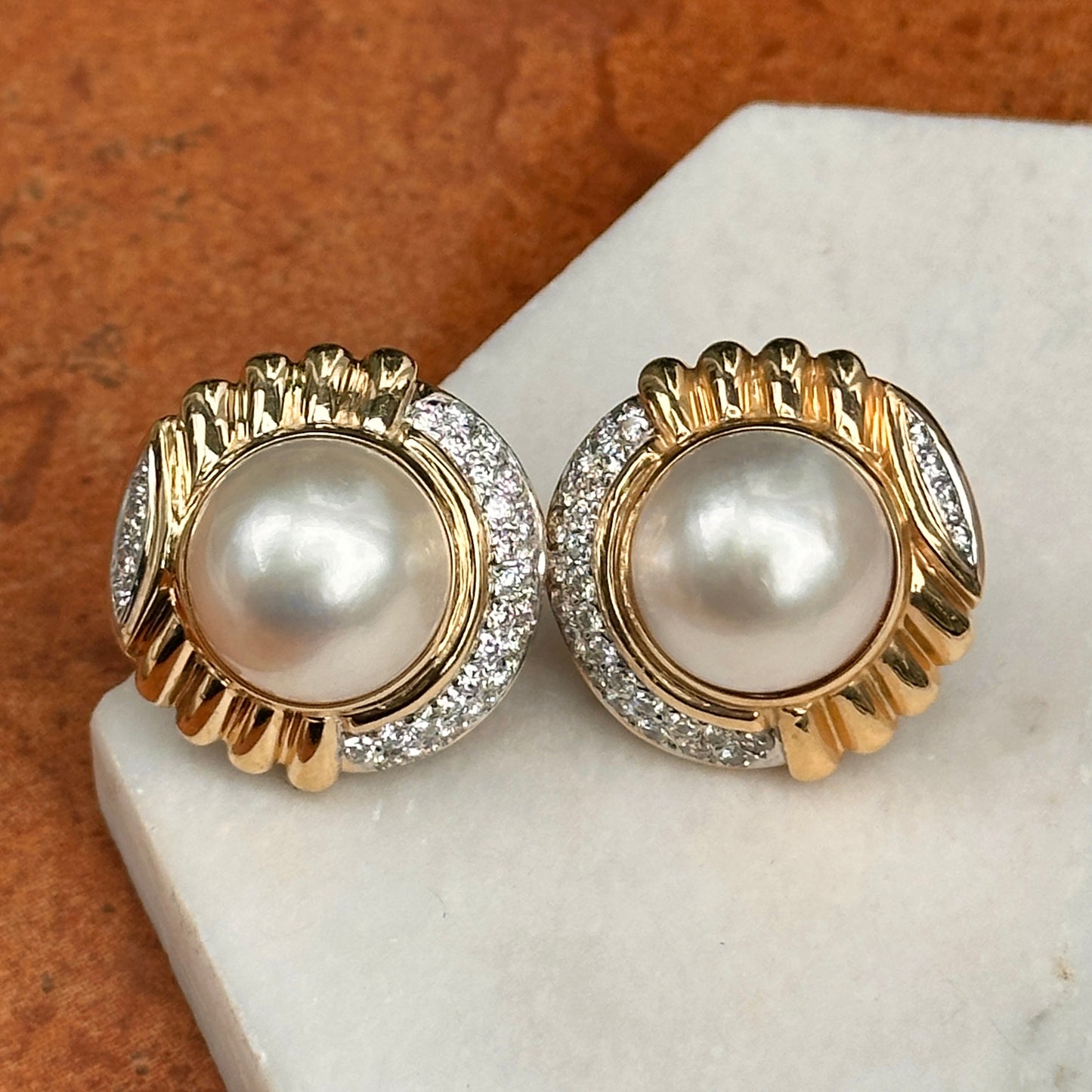 Estate 14KT Yellow Round Mabe Pearl + Pave Diamond Earrings
