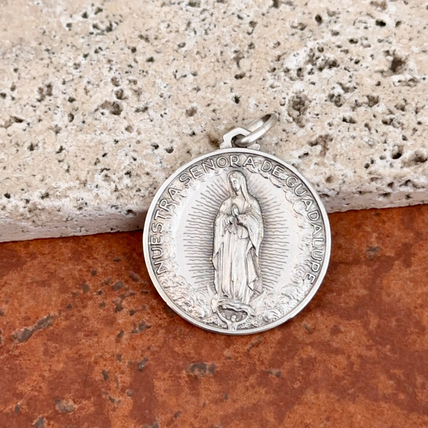 Sterling Silver Our Lady of Guadalupe Matte Medal Pendant 30mm