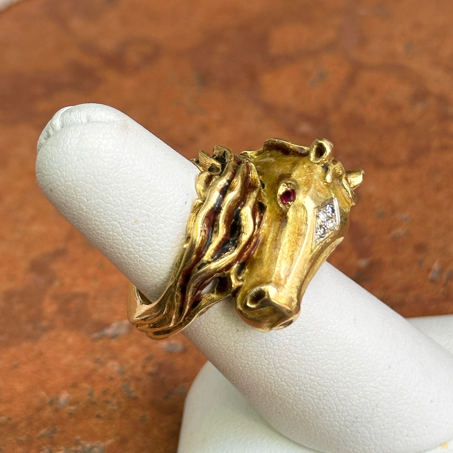 Estate 18KT Yellow Gold Diamond + Ruby Statement Horse Head Ring
