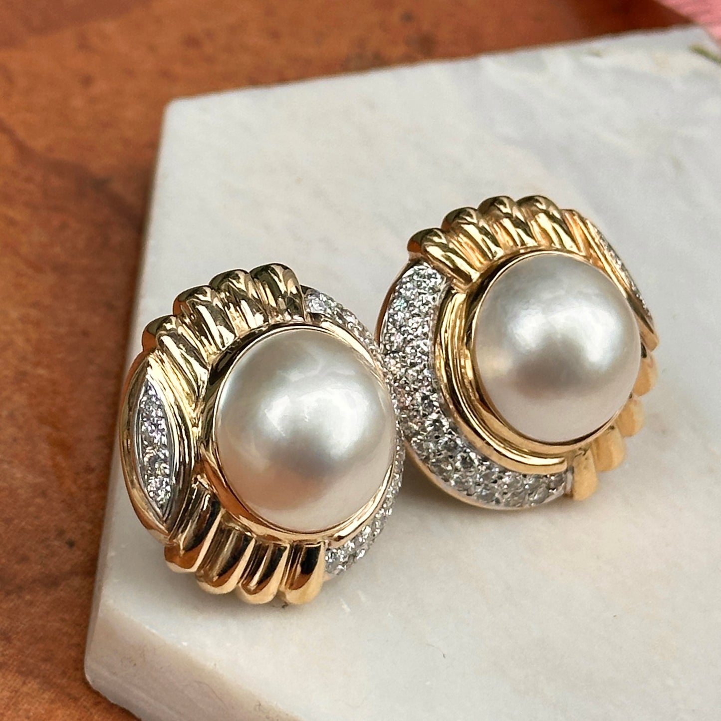 Estate 14KT Yellow Round Mabe Pearl + Pave Diamond Earrings