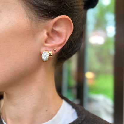 Estate 14KT Yellow Gold Bark Matte Finish + Pave Diamonds Half Hoop Earrings