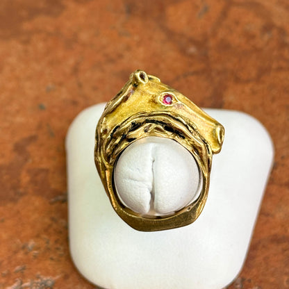 Estate 18KT Yellow Gold Diamond + Ruby Statement Horse Head Ring
